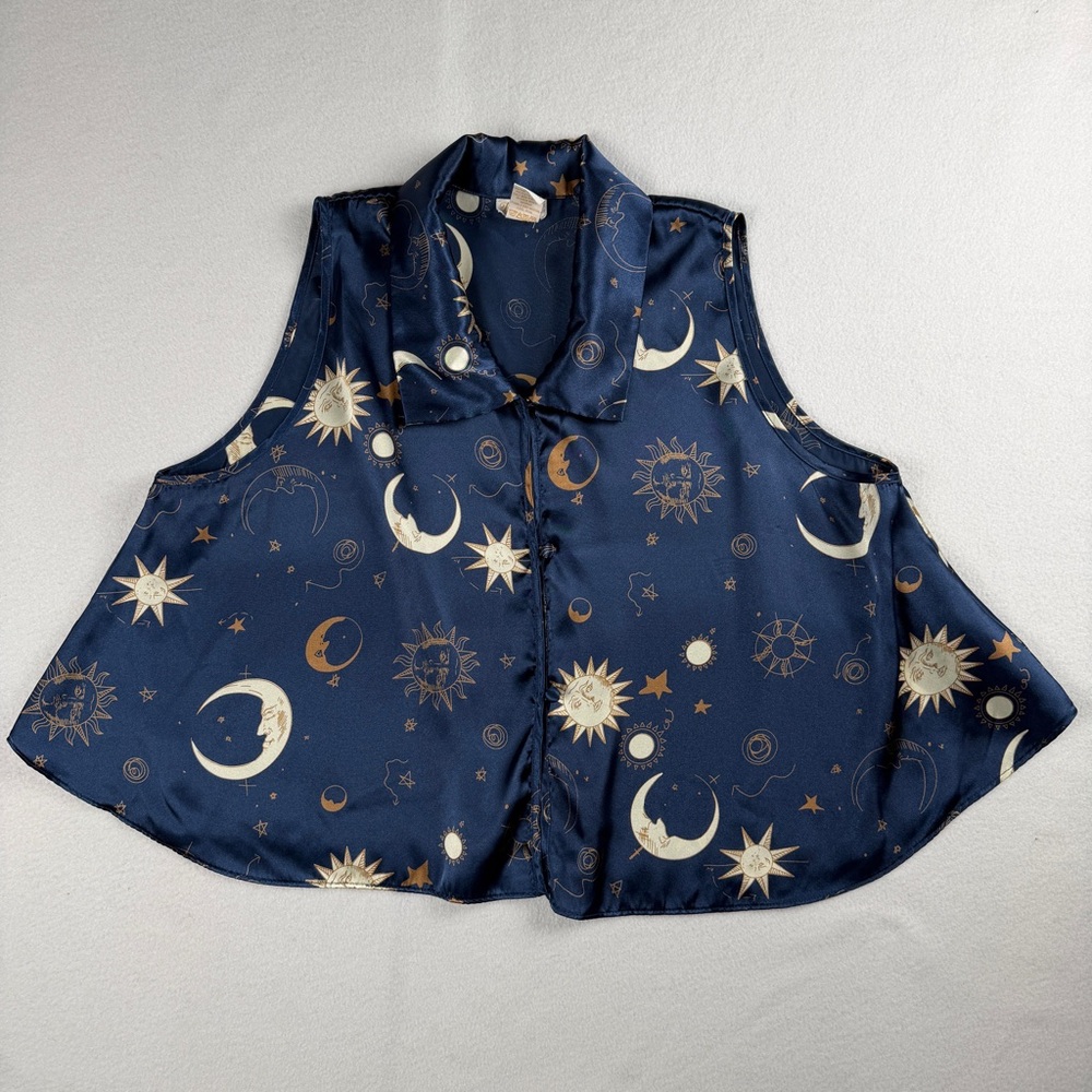 Barbizon Women's Satin Sleep Top Bottom Set Celestial‎ Sun Moon Navy XL - Picture 7 of 15